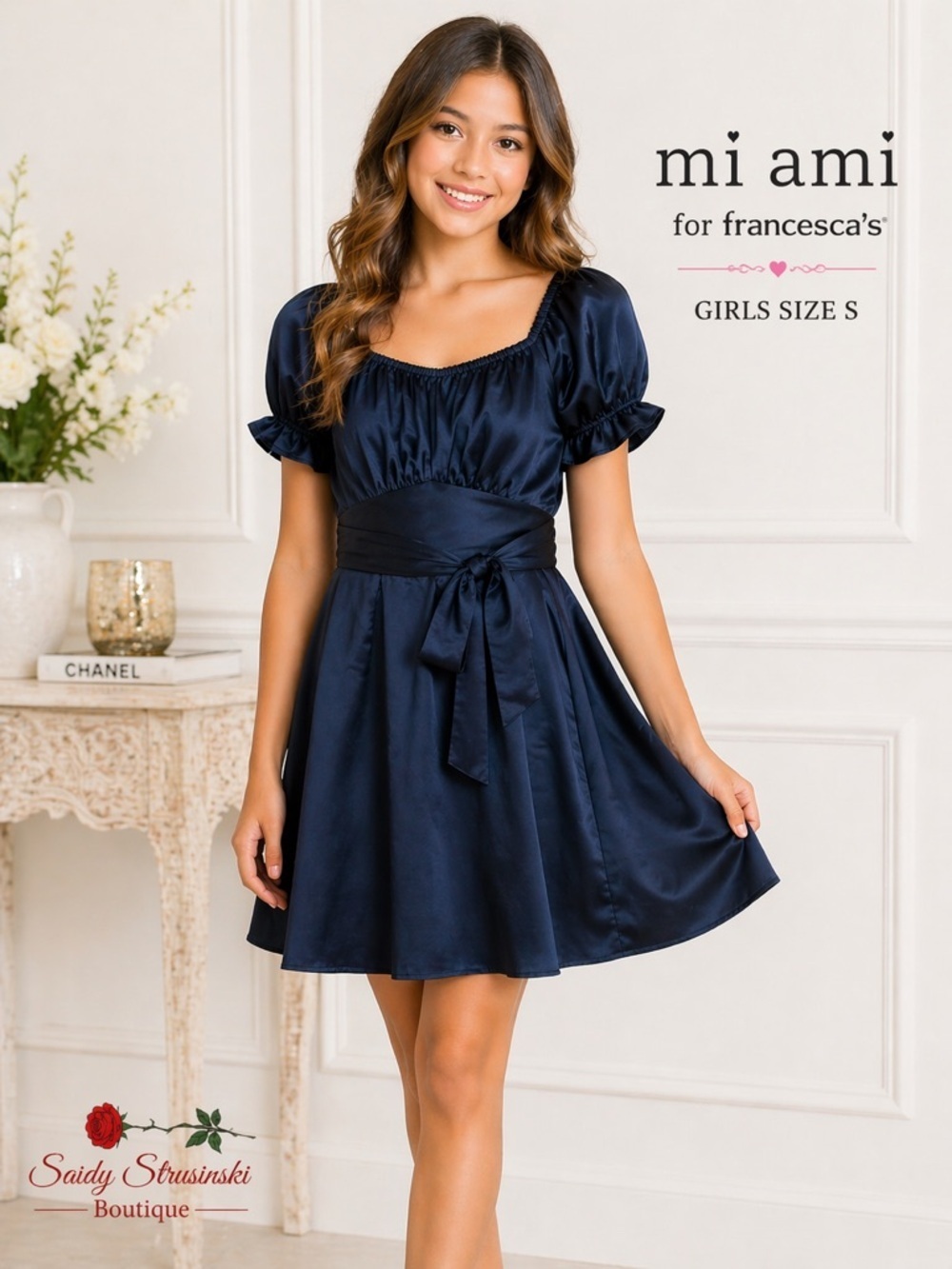 Mi Ami for Francesca’s Navy Satin Dress Puff Sleeve Tie Waist Size L